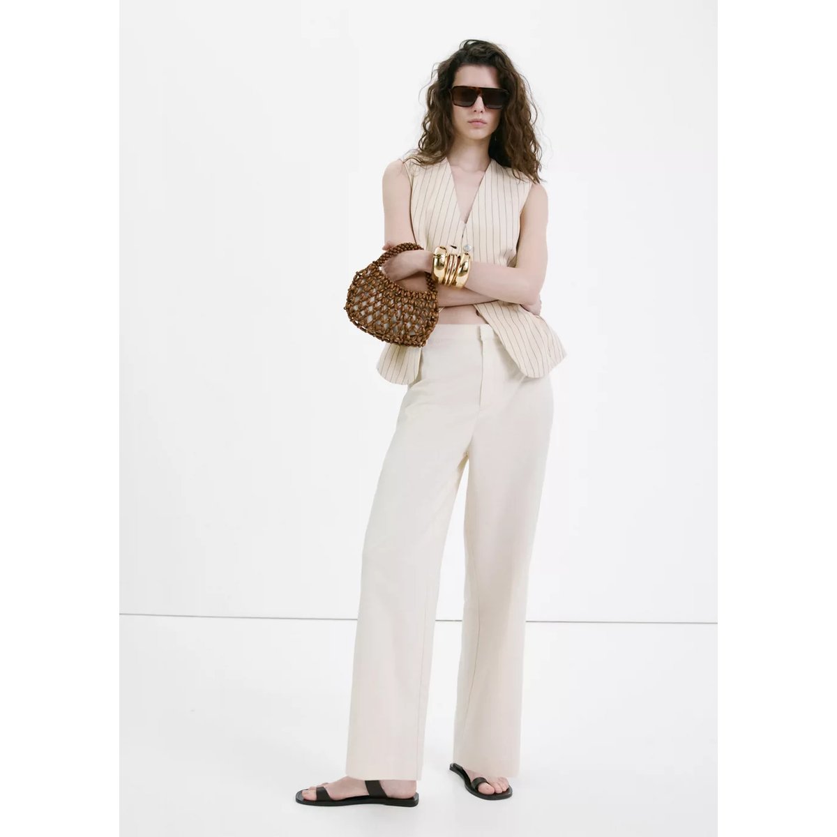 Pantalon en lin taille haute beige, MANGO