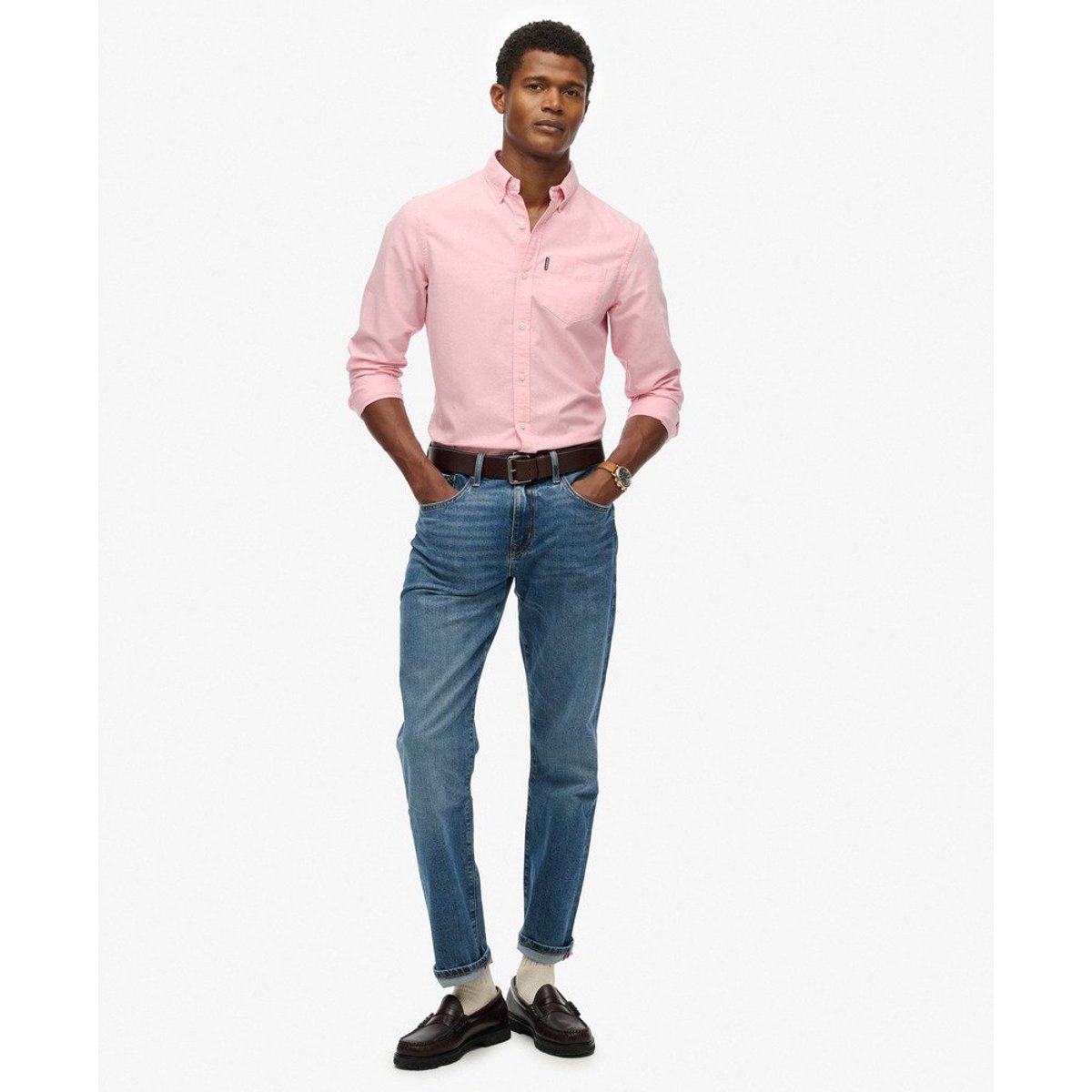 Chemise Oxford à manches longues Essentials pink city chambray oxford, SUPERDRY