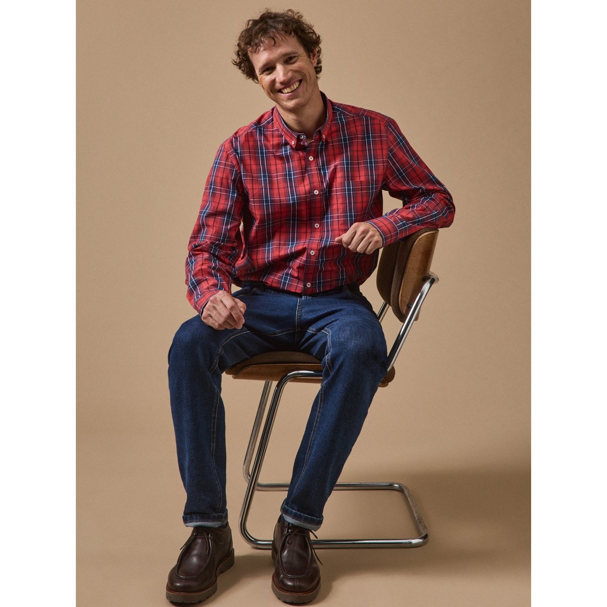 Chemise popeline carreaux  - coupe contemporaine carreaux rouge, CYRILLUS