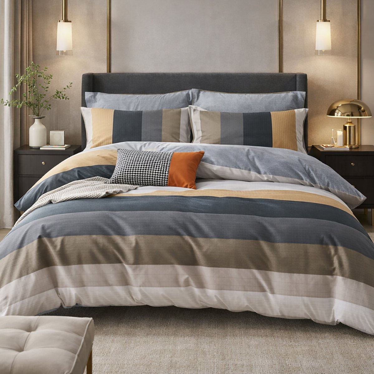 Parure de lit en percale de coton imprimé rayures contemporaines, Urbane multicolore, C DESIGN HOME TEXTILE