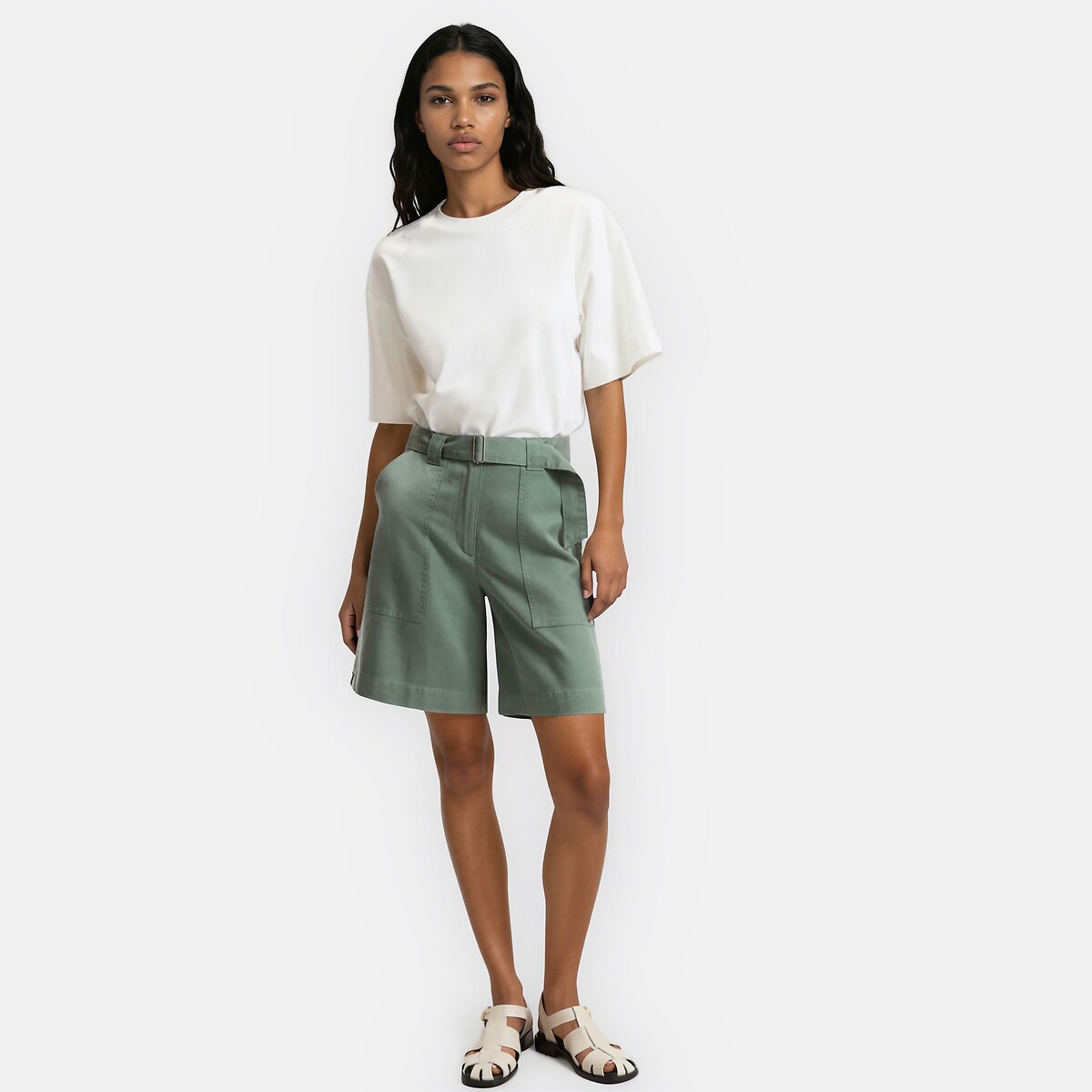 Bermuda cargo ceinturé en lyocell et coton vert tilleul, LA REDOUTE COLLECTIONS