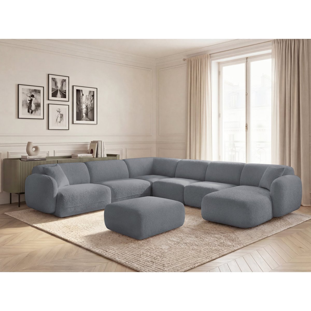 Canapé modulable 6 places en tissu chenille, ANDA gris, BOBOCHIC