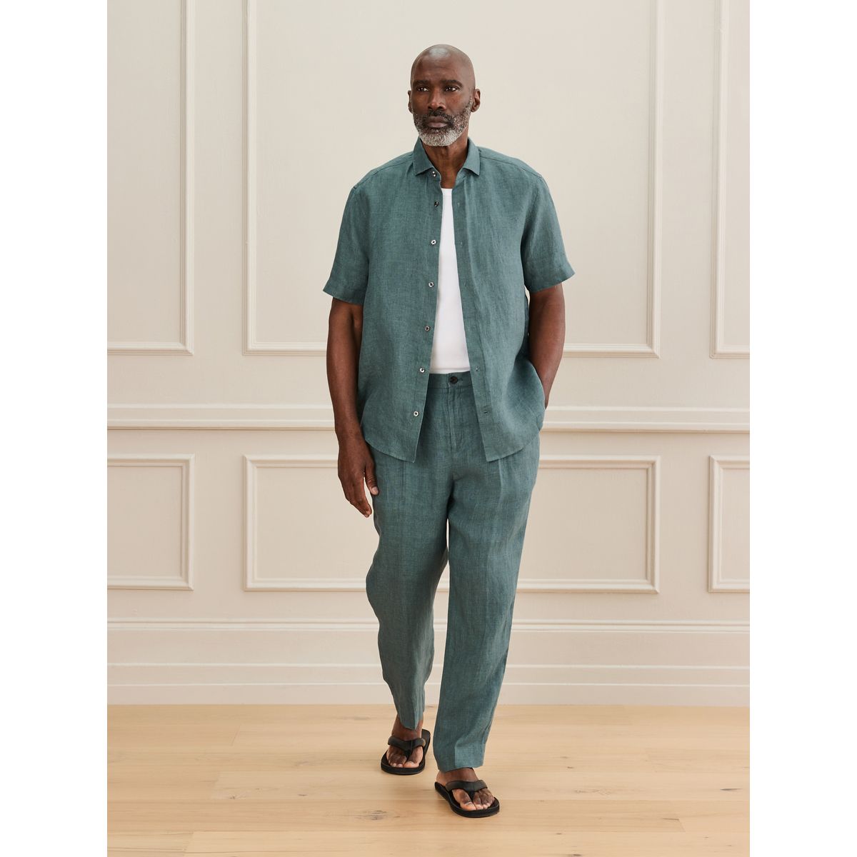 Chemise manches courtes lin tissé signature bleu sarcelle, NEXT