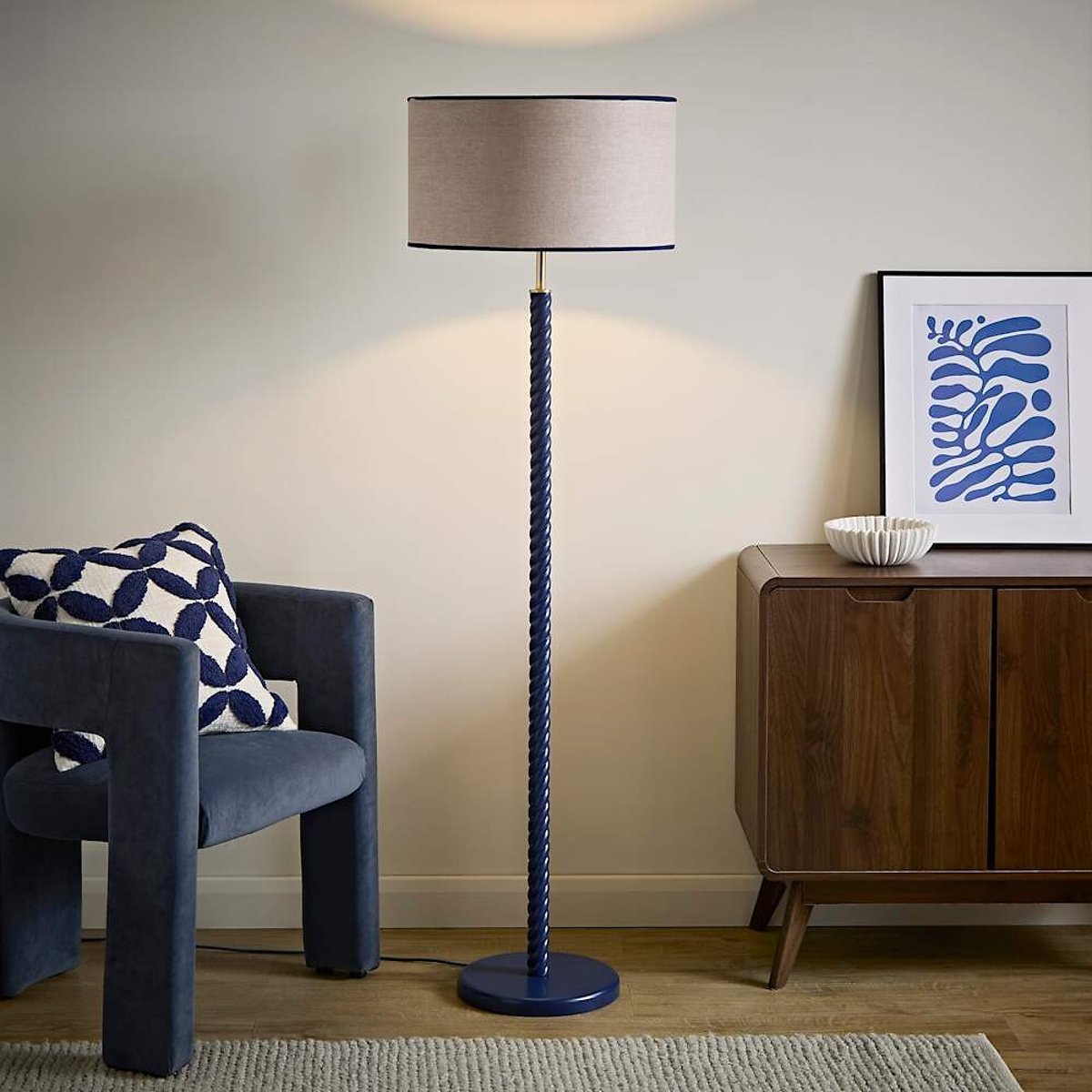 Amalia Twist Floor Lamp with Drum Shade navy blue, SO'HOME
