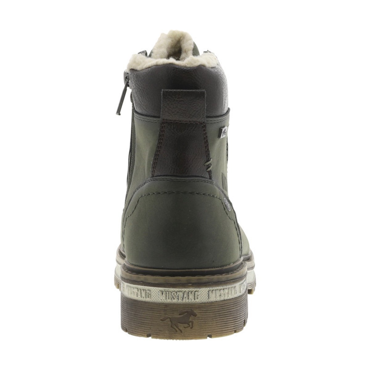 Bottines brunes à talon décroché bas avec une doublure en maille sherpa kaki, MUSTANG
