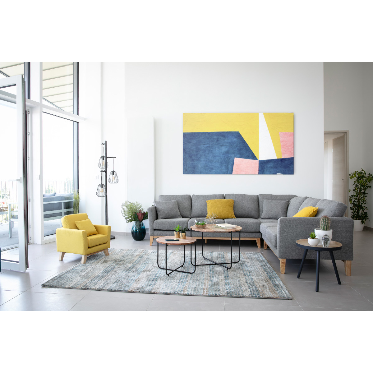 Canapé d'angle déhoussable scandinave 5-6 places en tissu gris clair et bois clair OSLO gris clair, MILIBOO