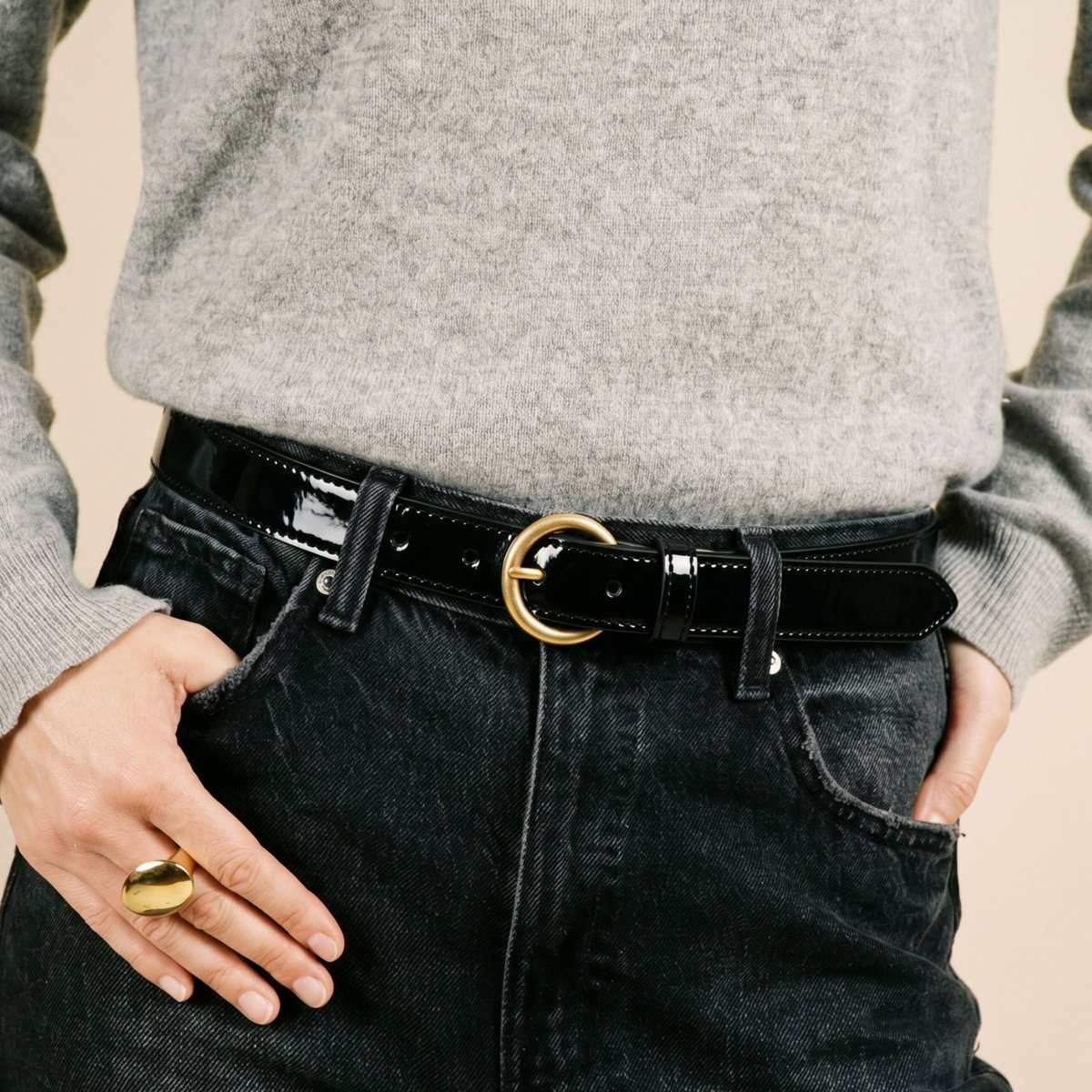 Ceinture boucle d'or cuir vernis noir, JULES & JENN