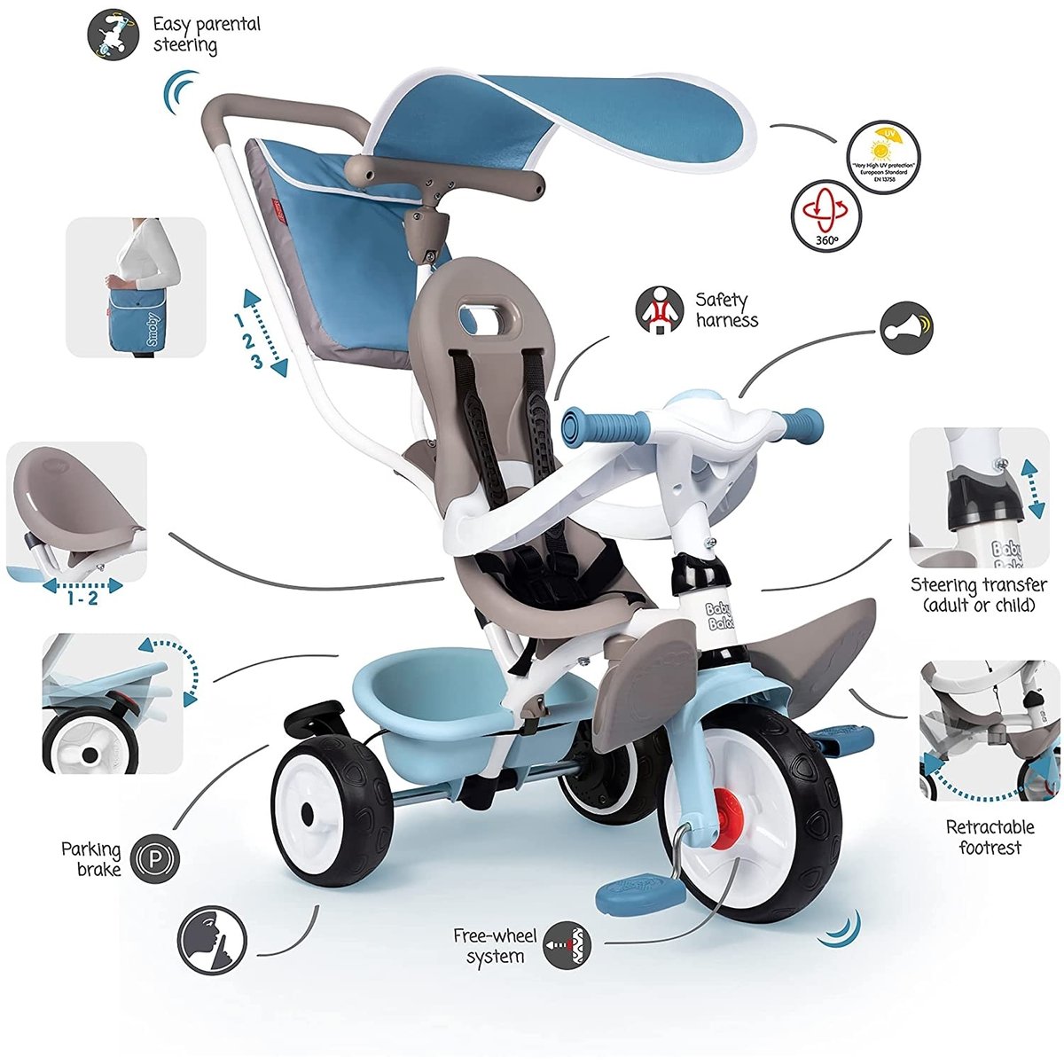 Tricycle Baby Balade Plus Rose bleu, SMOBY