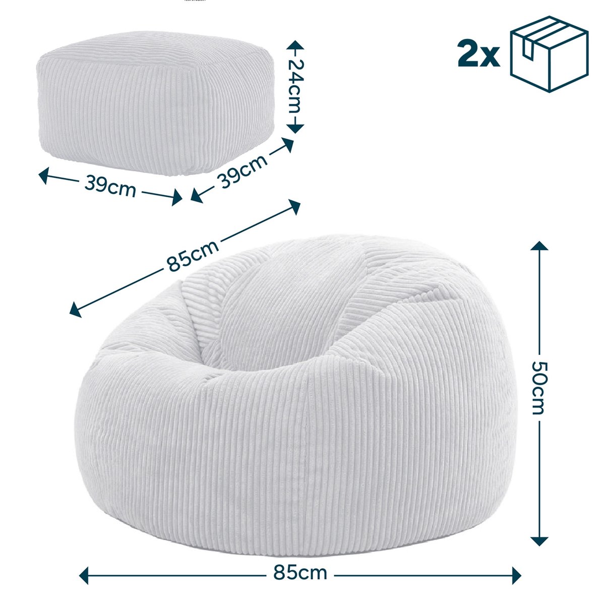 Pouf classique et son repose-pied carré velours côtelé Oeko-Tex® - KINGSTON beige galet, ICON