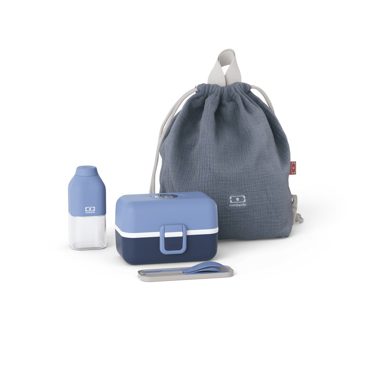 Set lunch box enfant 800ml Bleu + Bouteille 330 ml + Sac à dos + Couverts bleu infinity, MONBENTO