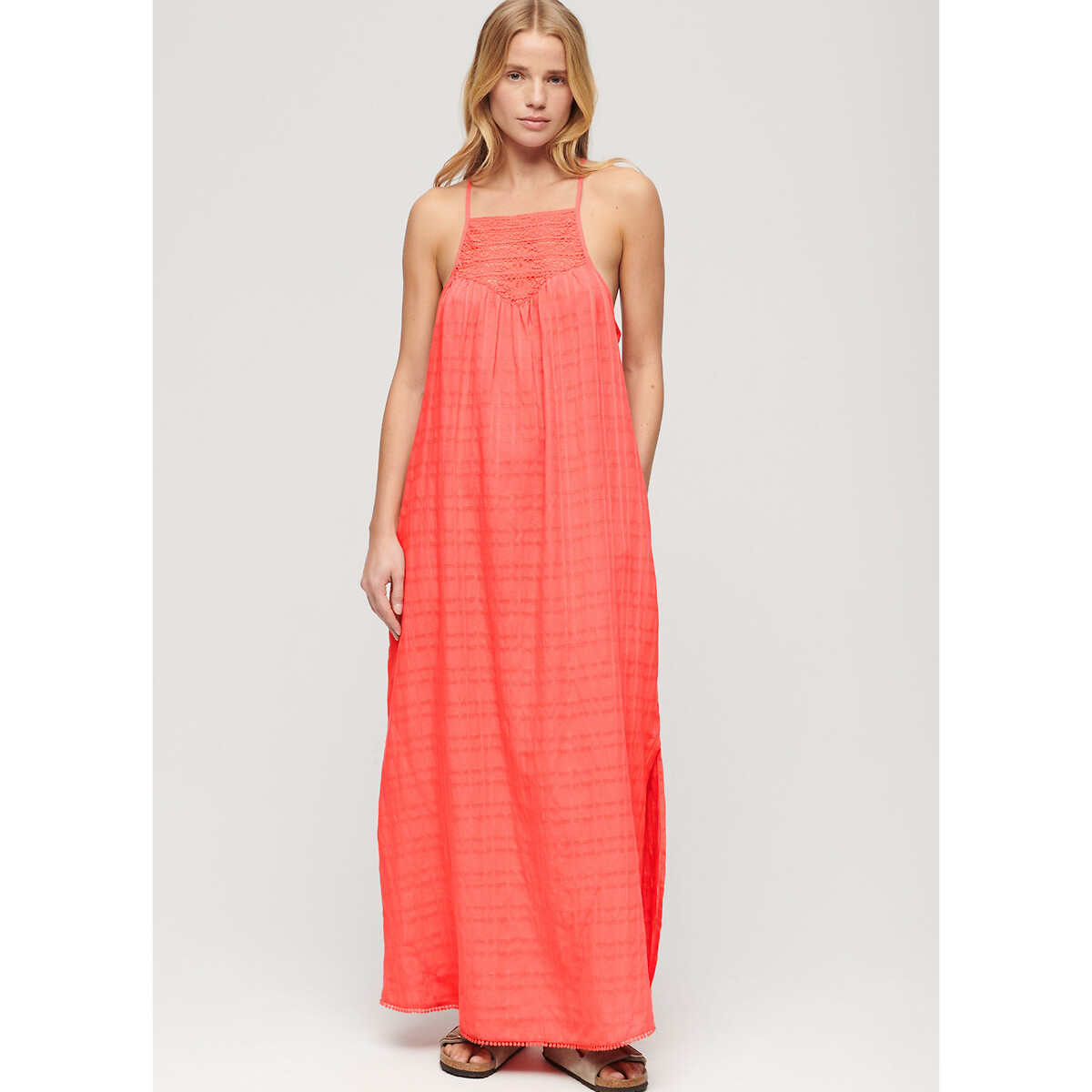 Robe longue empiècement dentelle corail, SUPERDRY