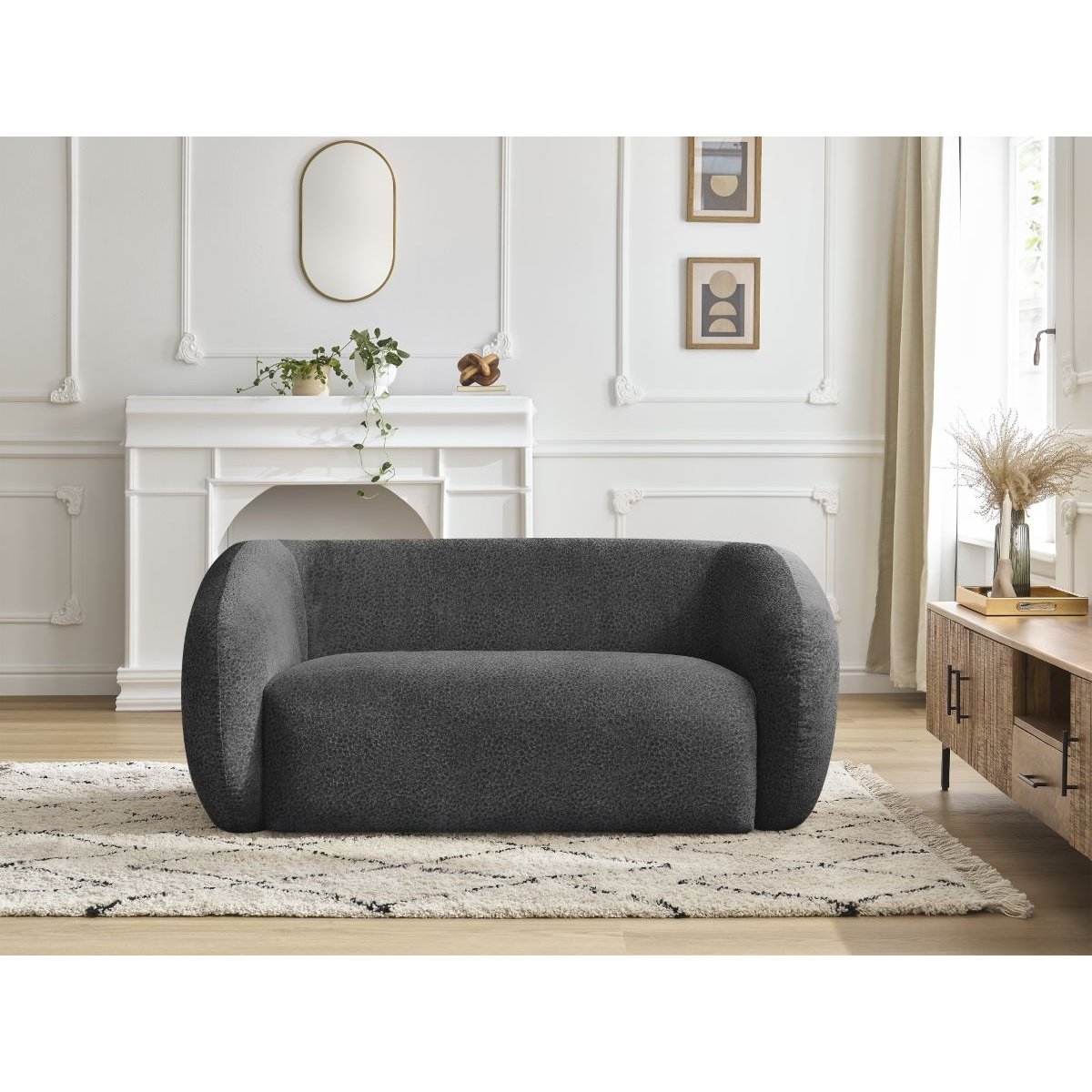 Canapé droit fixe 2 places en tissu texturé, CELINE gris foncé, BOBOCHIC