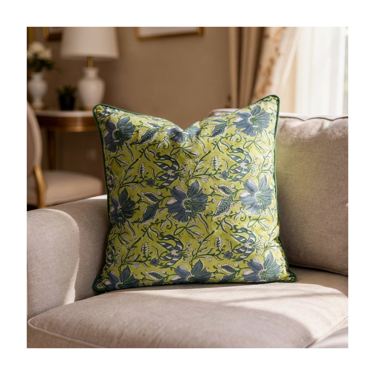 Housse de coussin Flowergud vert clair, bleu foncé, blanc, vert, ARCHIV
