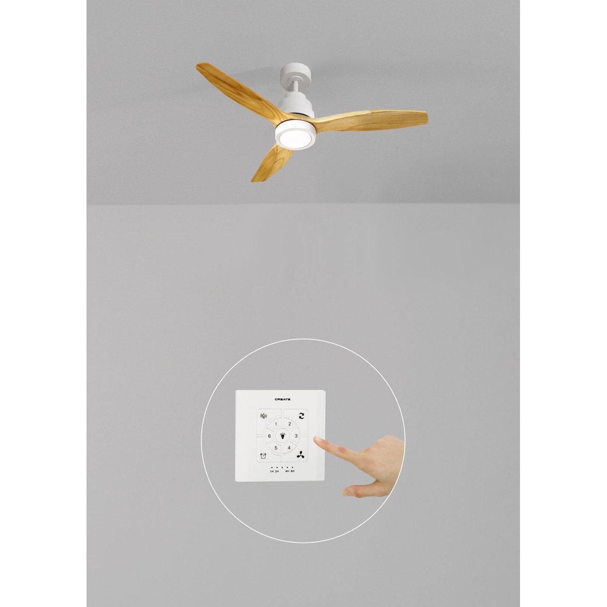 Ventilateur de plafond 40W  avec lumière avec contrôleur mural WIND STYLANCE NATURAL WOOD blanc/bois naturel, CREATE
