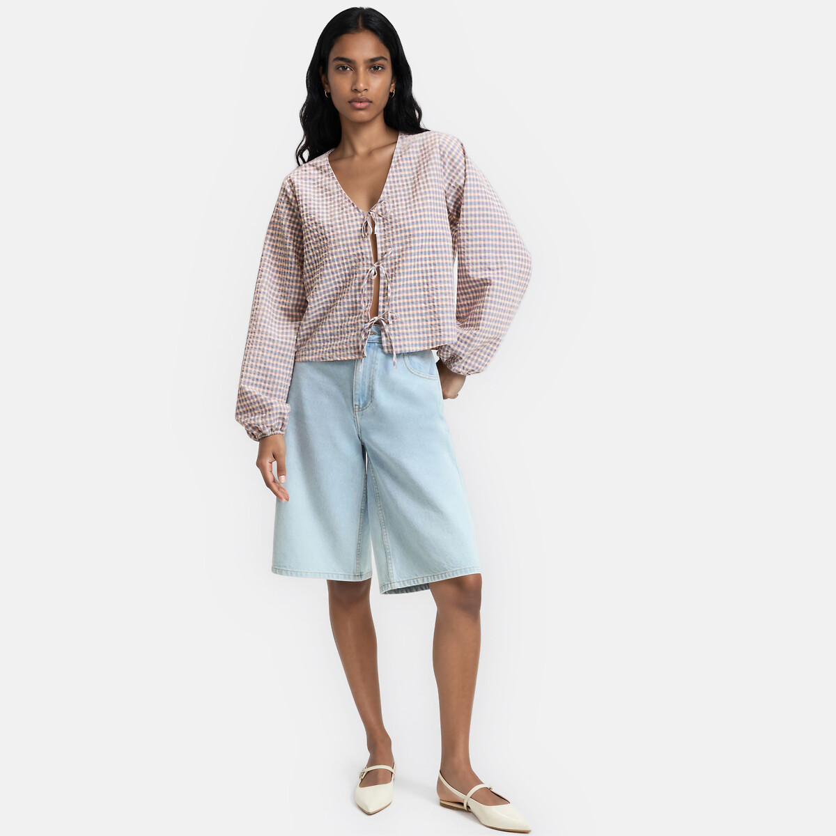 Blouse col V à carreaux à liens à nouer carreaux rose/bleu, LA REDOUTE COLLECTIONS