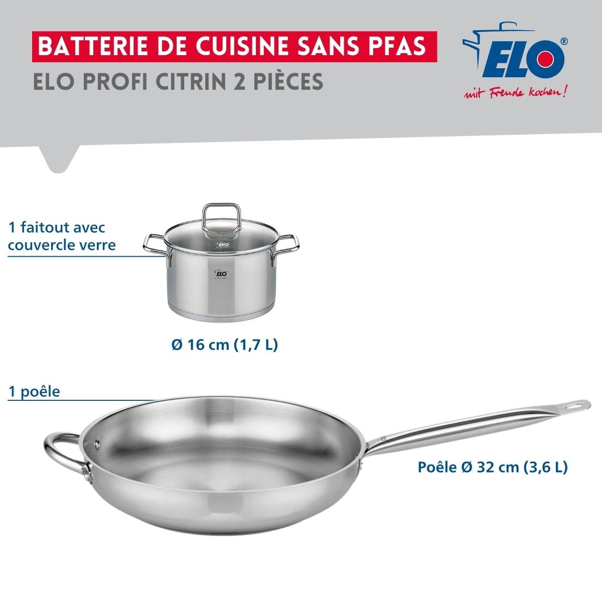 Batterie de cuisine 1 poêle 32cm + 1 faitout 16cm PROFI CITRIN gris, ELO