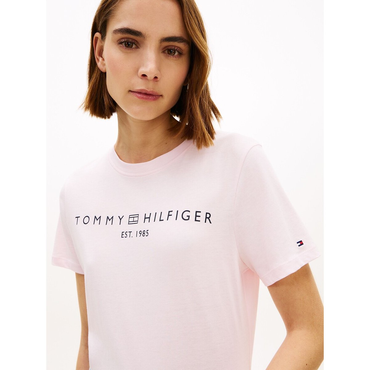 T-shirt col rond à manches courtes avec logo rose clair, TOMMY HILFIGER