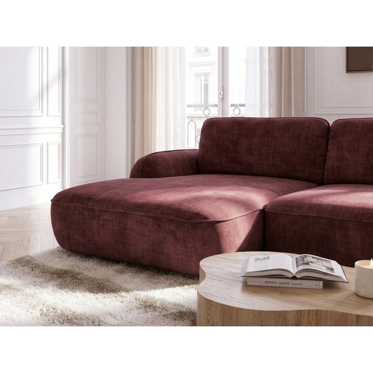 Canapé d'angle convertible 3 places en tissu lisse, CELESTE rouge, BOBOCHIC