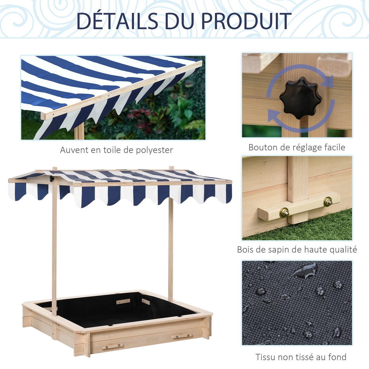 Bac à sable pour enfants bois de sapin Bois bleu, OUTSUNNY