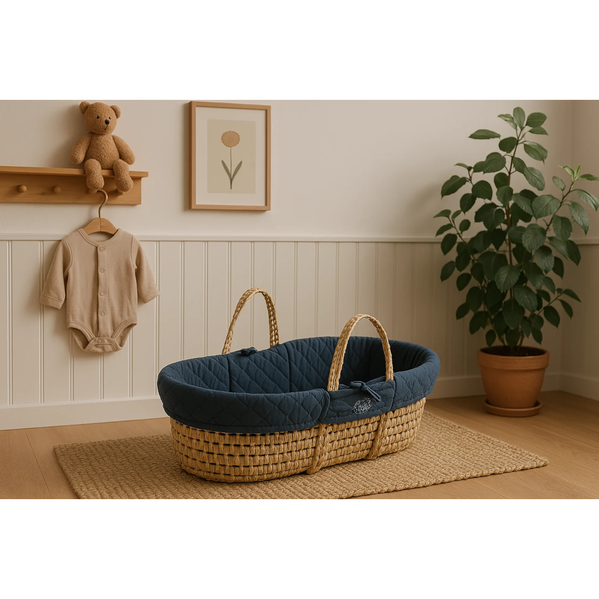 Couffin bébé en fibres naturelles avec habillage tissu bleu, SAUTHON