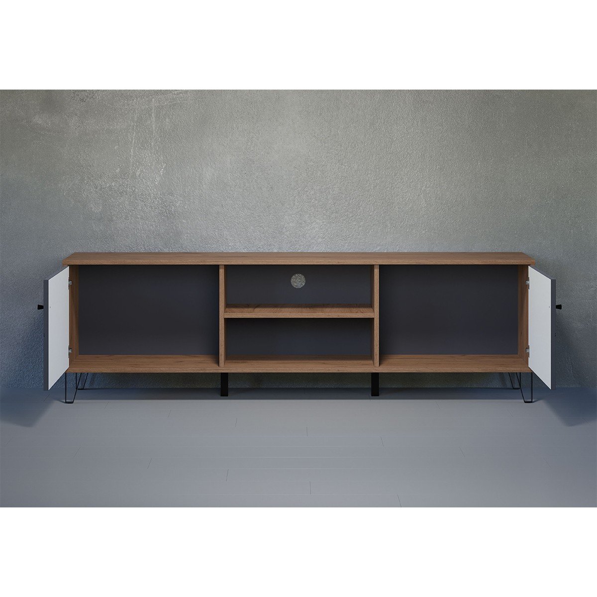 Meuble TV avec 2 portes et 2 niches L183 cm - Montez gris anthracite, CALICOSY
