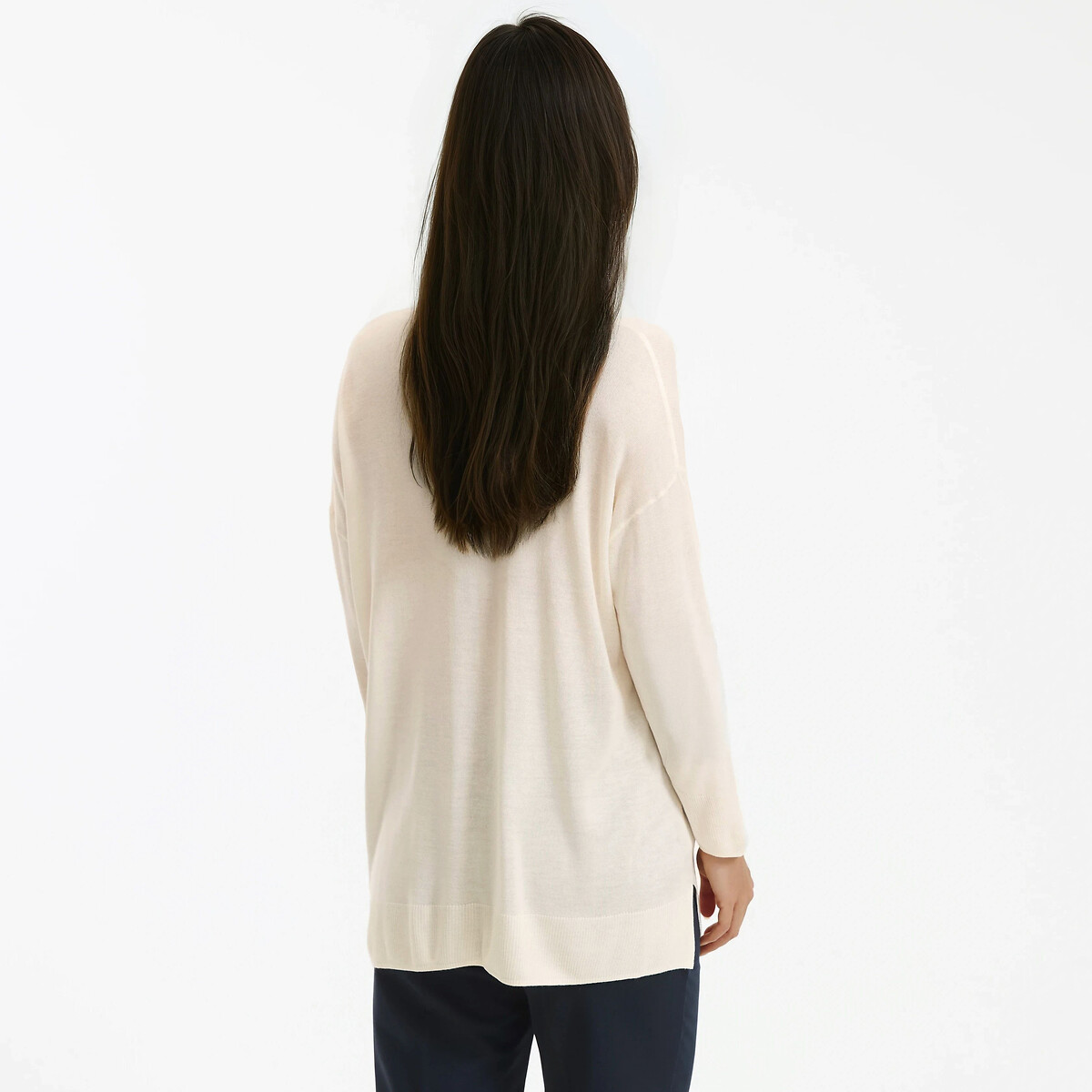 Camisola com decote em V, em malha fina bege, LA REDOUTE COLLECTIONS