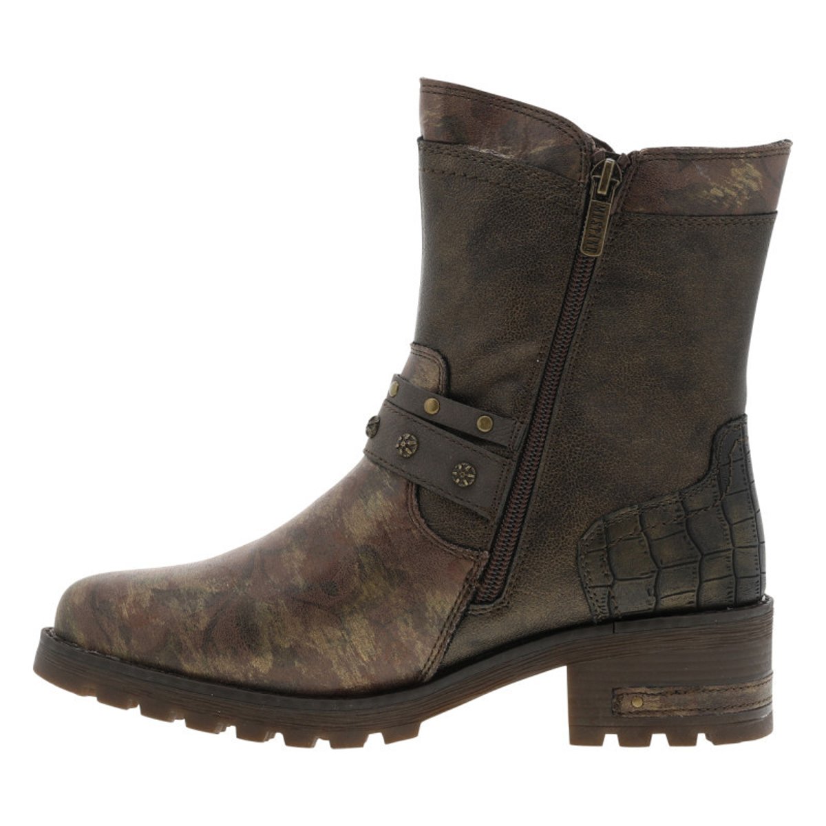 Boots bronze à talon décroché moyen avec des motifs floraux sur l'empeigne bronze, MUSTANG