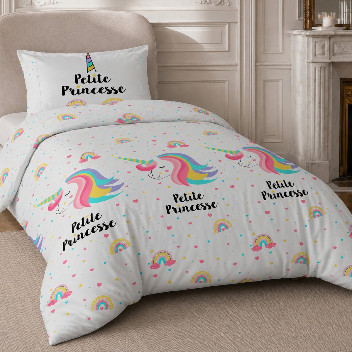Parure de lit en coton motif géométrique, LICORNE multicolore, C DESIGN HOME TEXTILE