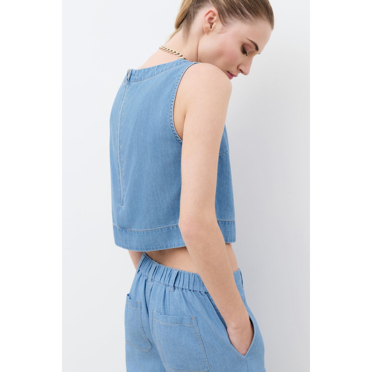 Pantalon 7 huit lin PILLYDENIM bleu ciel, CAROLL