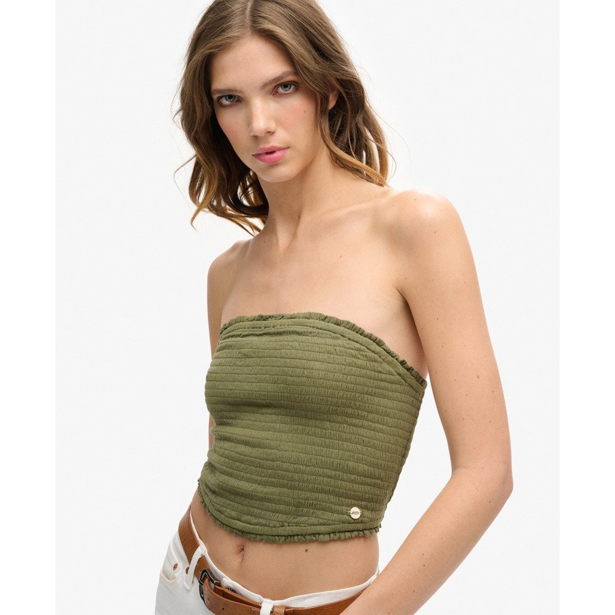 Haut bandeau smocké kaki délavé, SUPERDRY