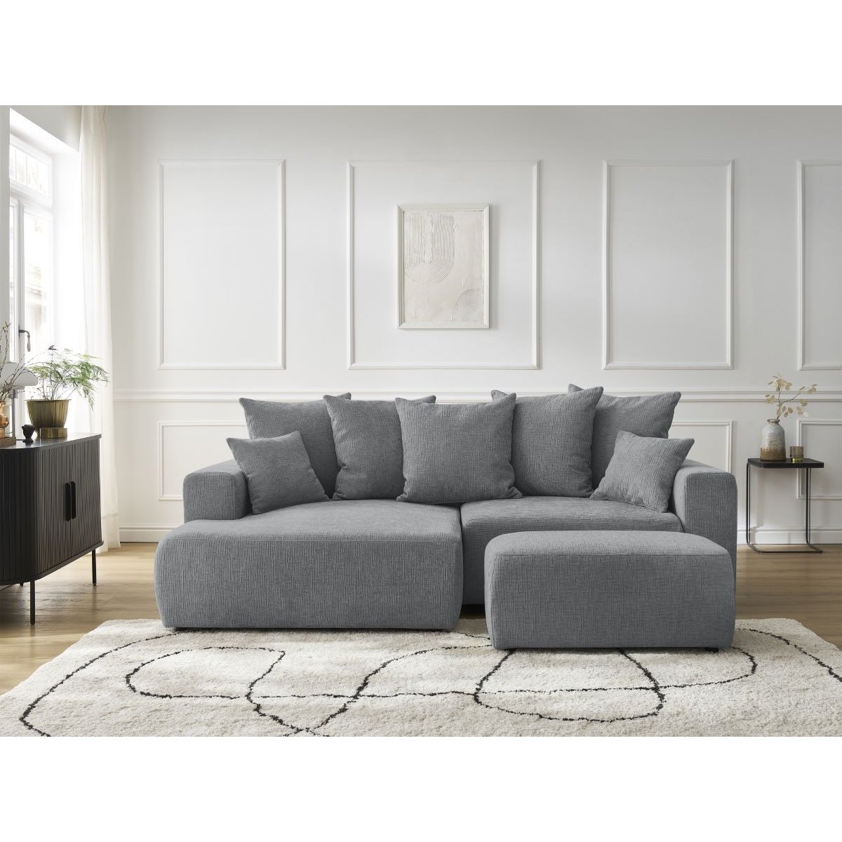 Canapé d'angle convertible 5 places en tissu texturé avec pouf, ATILLA gris foncé, BOBOCHIC