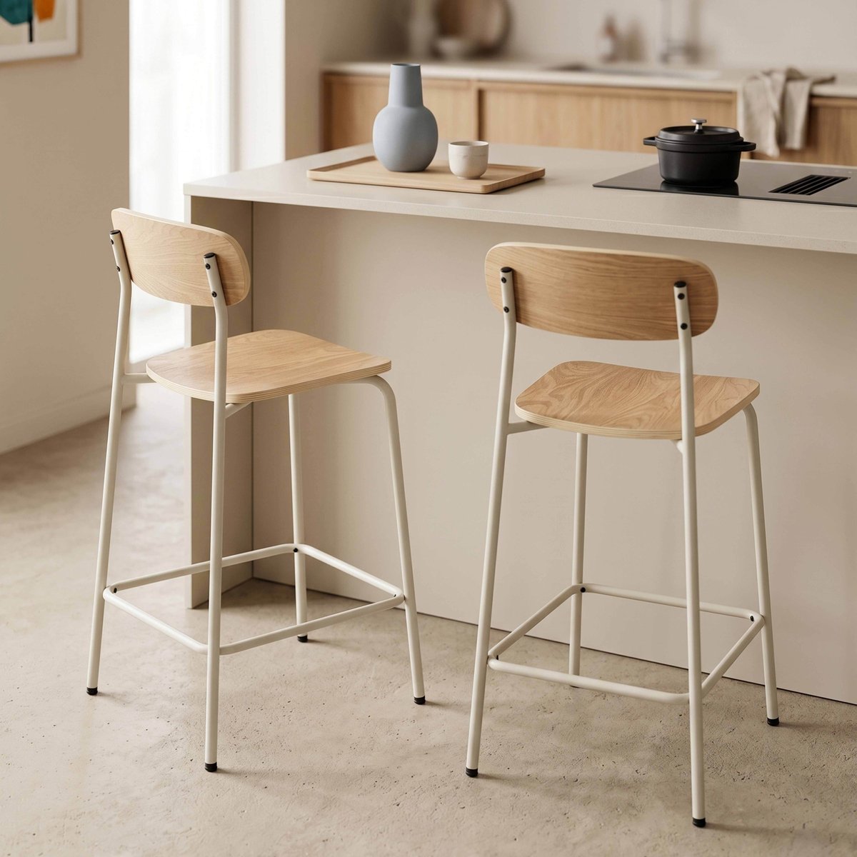 Lot de 2 chaises hautes en métal et bois, LILA beige, OVIALA
