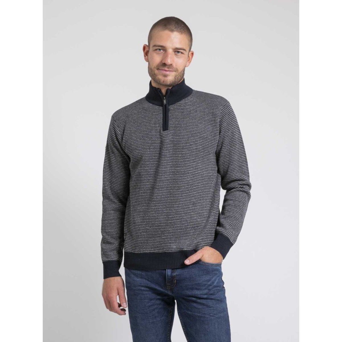 Pull Col Montant Zippé Rayures Limerou bleu marine, RITCHIE
