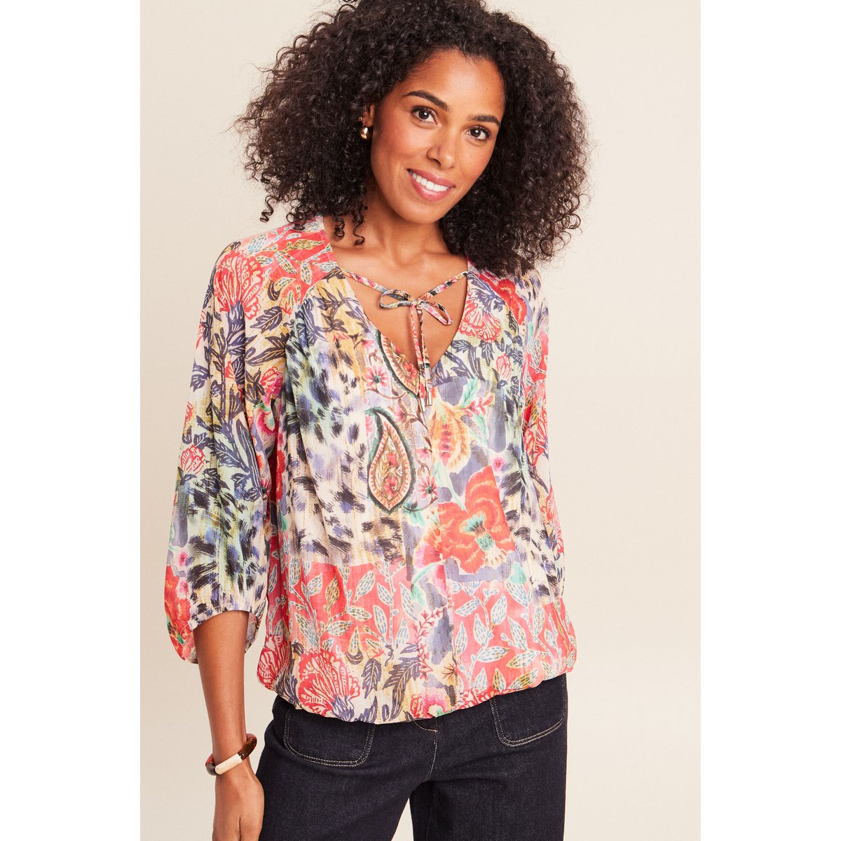 Blouse cintrée col v manches 3/4 multicolore, BREAL