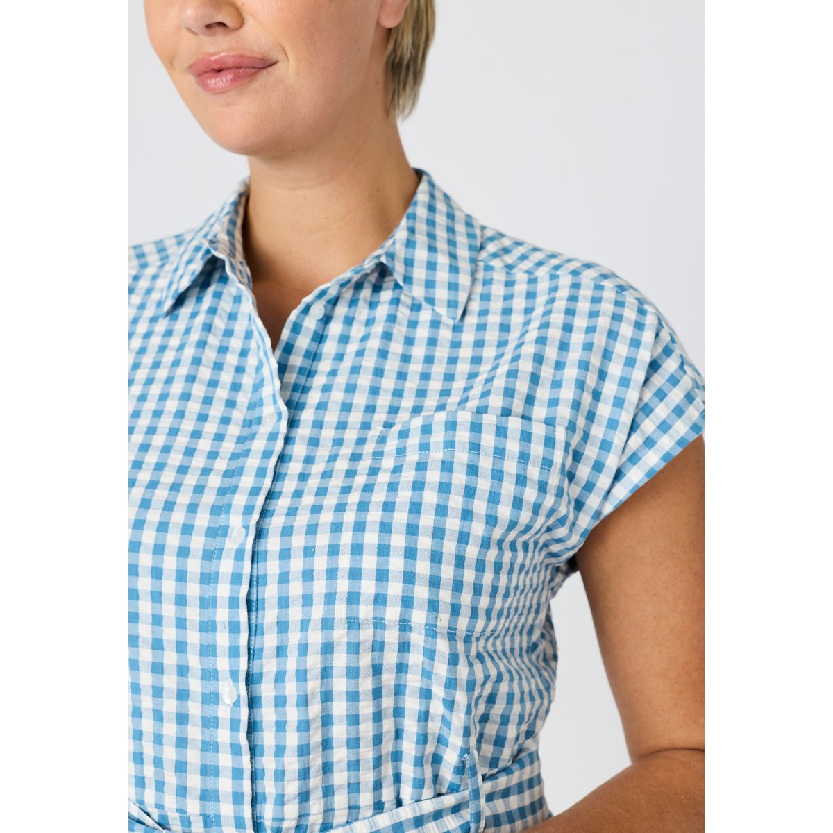 Robe-chemise tissu gaufré bleu petits carreaux, DAMART