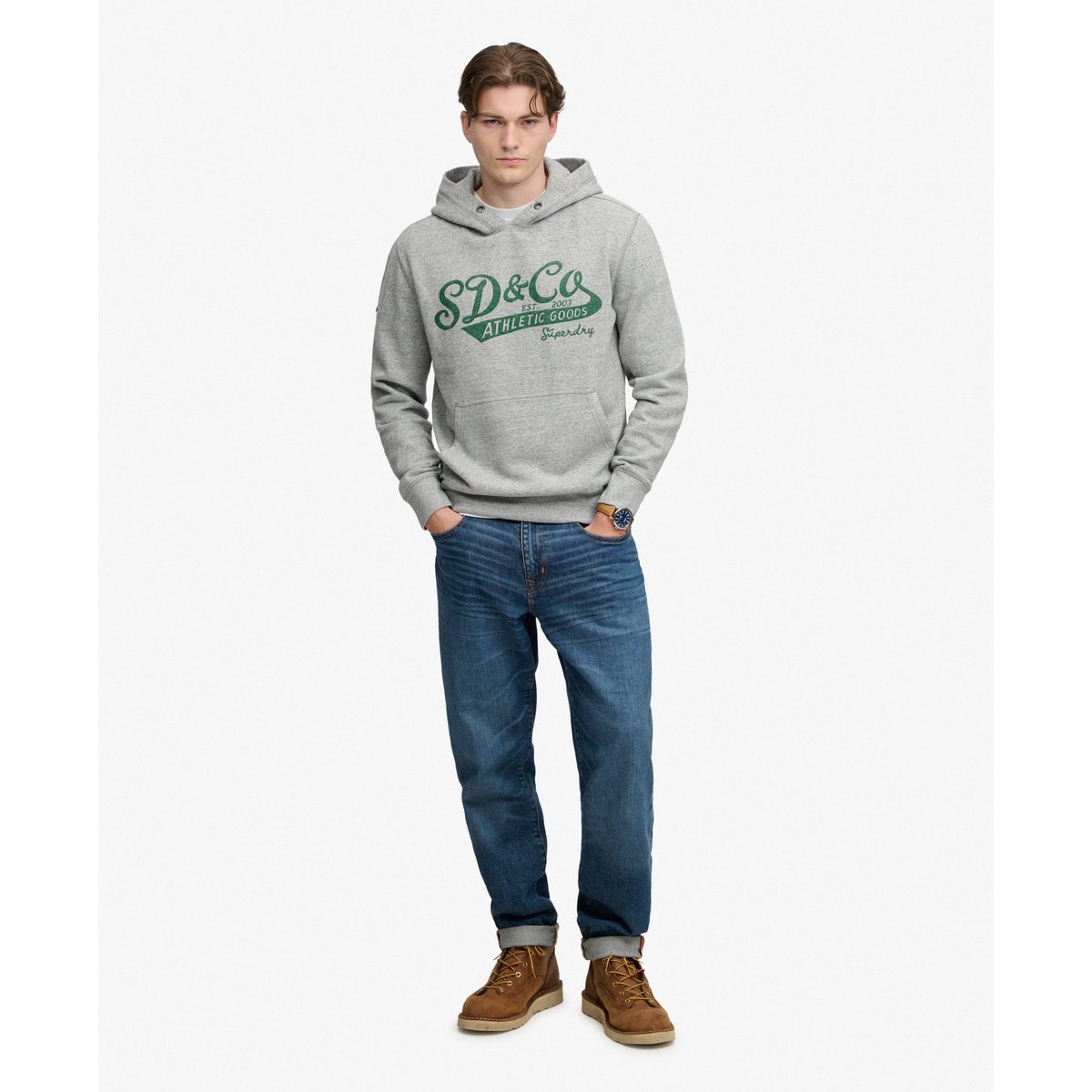 Sweat à capuche Vintage Script gris athlétique chiné, SUPERDRY