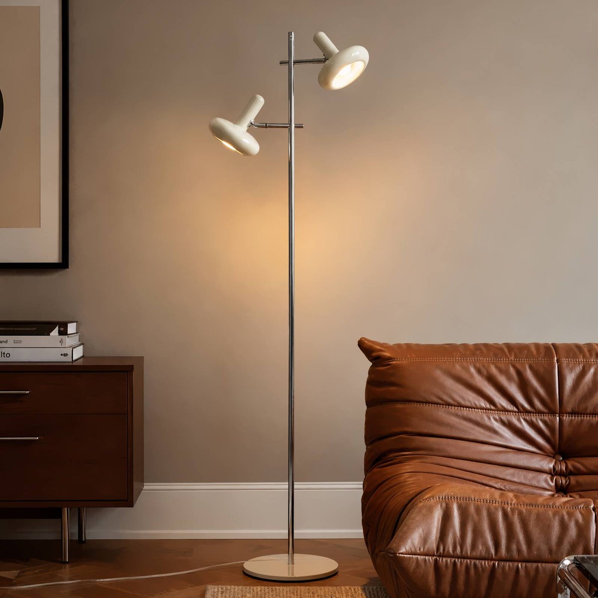 Lampadaire en métal vintage, Dylan beige, chrome, LINDBY