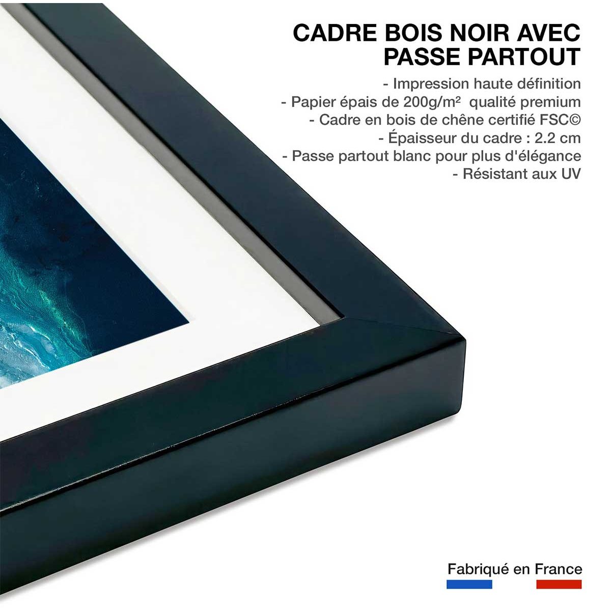 Poster bleu dynamique affiche + cadre en bois - noir, HEXOA