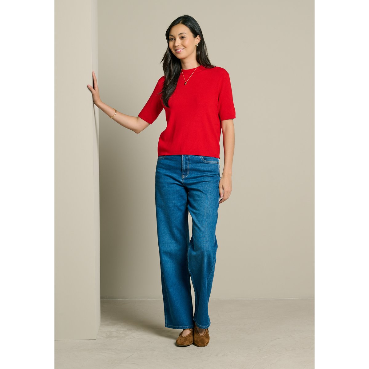 Pull manches courtes col rond rouge, LOLALIZA