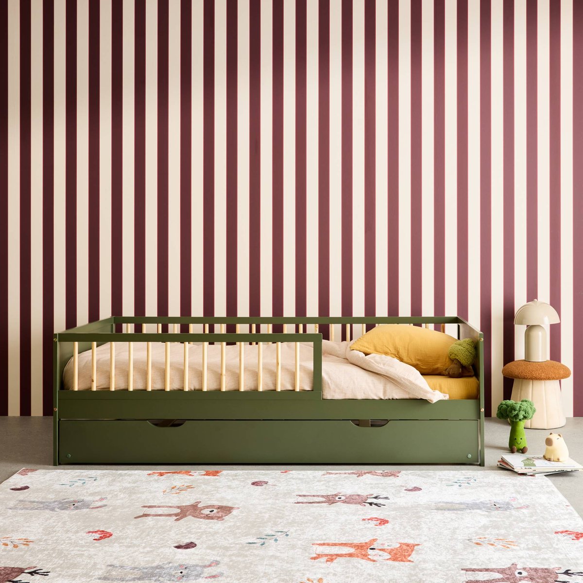 Lit gigogne enfant 90 x 190 cm pin naturel avec sommier à lattes et tiroir ELIO blanc, SWEEEK