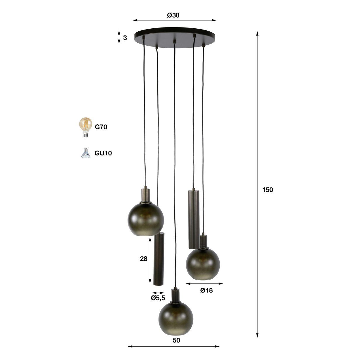 Suspension verticale 5 lampes verre dépoli brun et métal bronze NIAGARA marron, PIER IMPORT