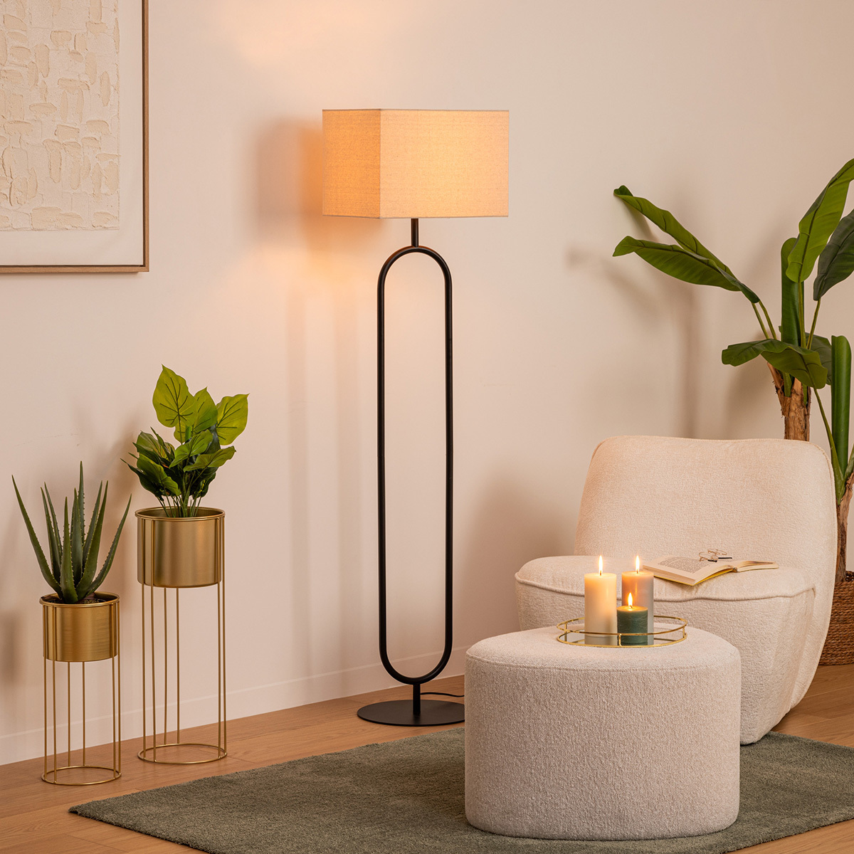 Lampadaire métal abat-jour lin ALEC noir, ATMOSPHERA