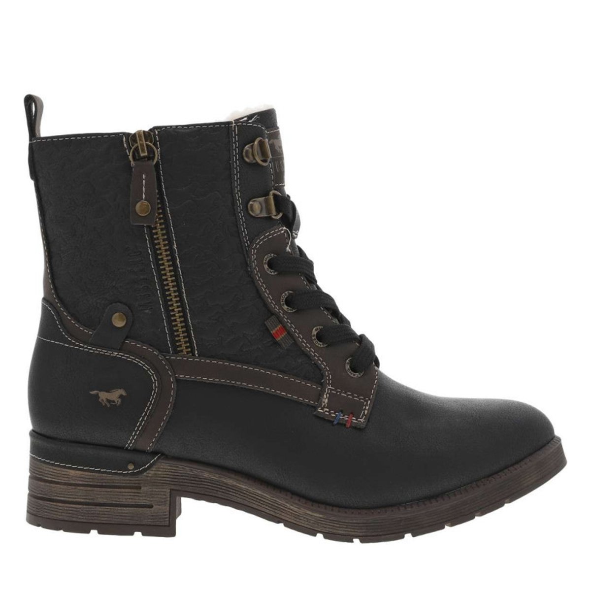 Bottines noires à talon décroché bas avec un zip et des lacets ronds noires, MUSTANG