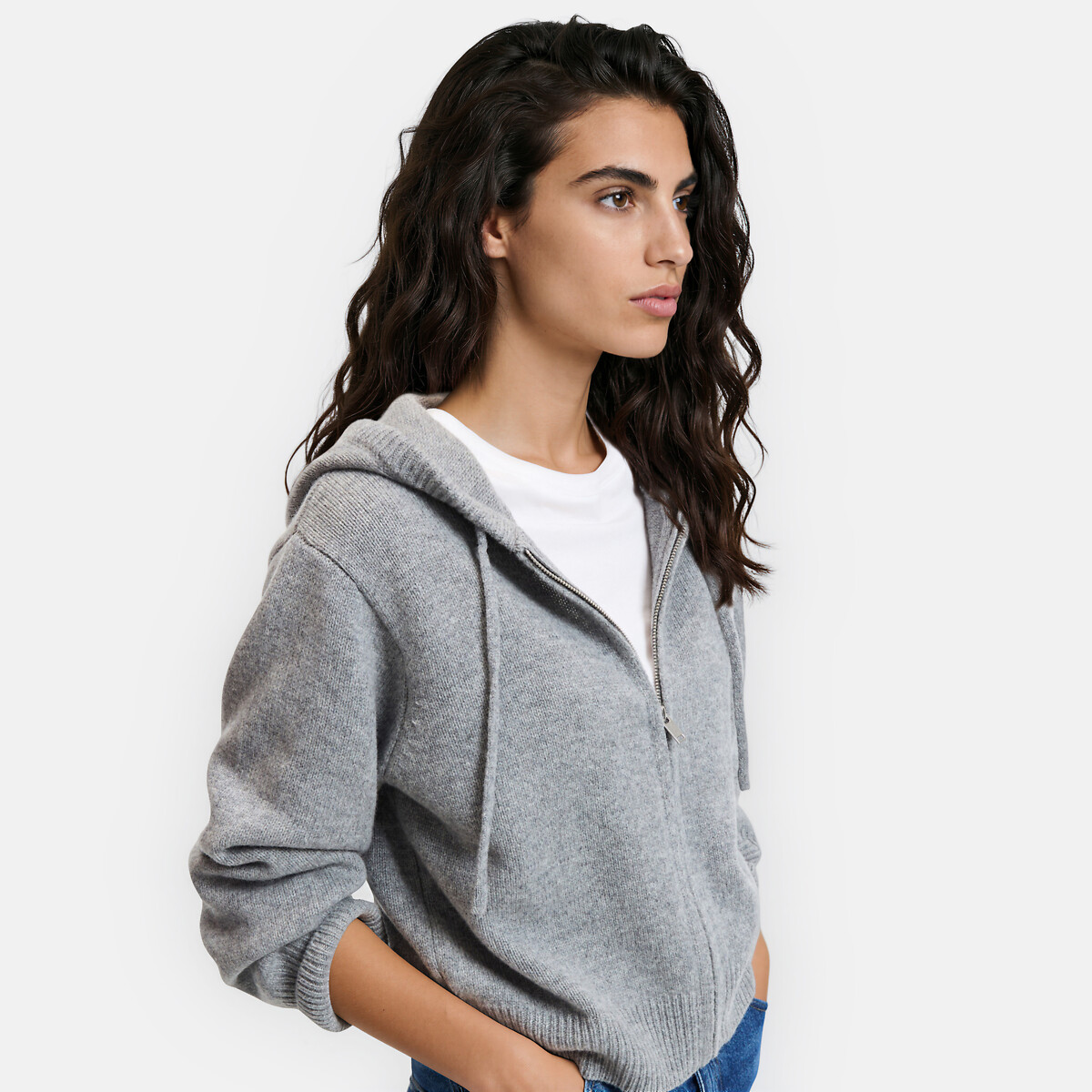 Gilet court à capuche en laine, grosse maille gris chiné, LA REDOUTE COLLECTIONS