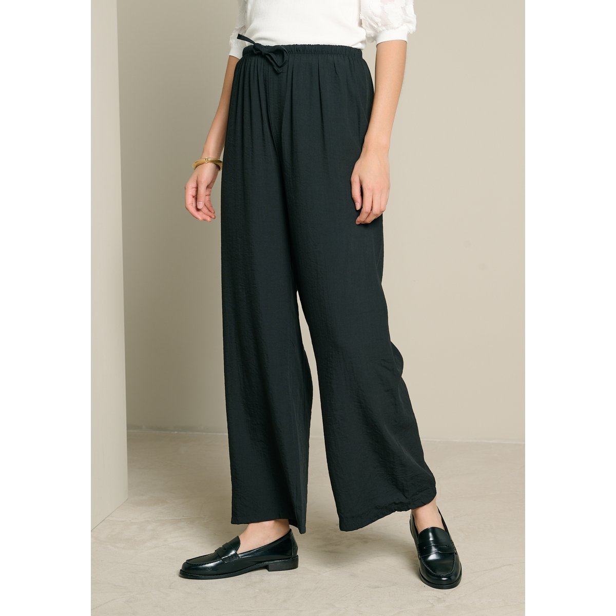 Pantalon large effet lin noir, LOLALIZA