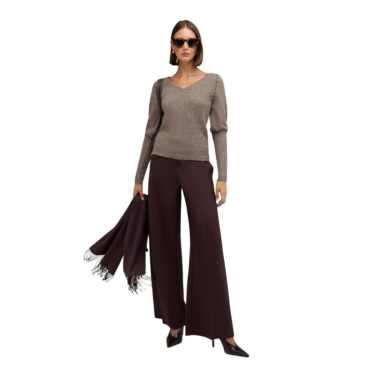 Pantalon palazzo avec inserts satin blanc, MOTIVI