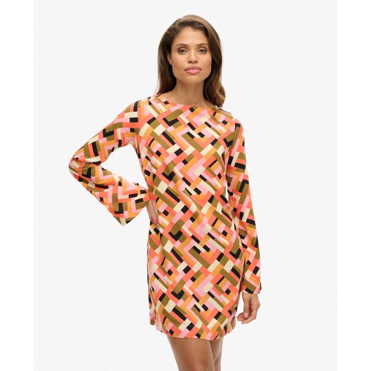 Robe courte imprimée dos ouvert quilt geo orange, SUPERDRY