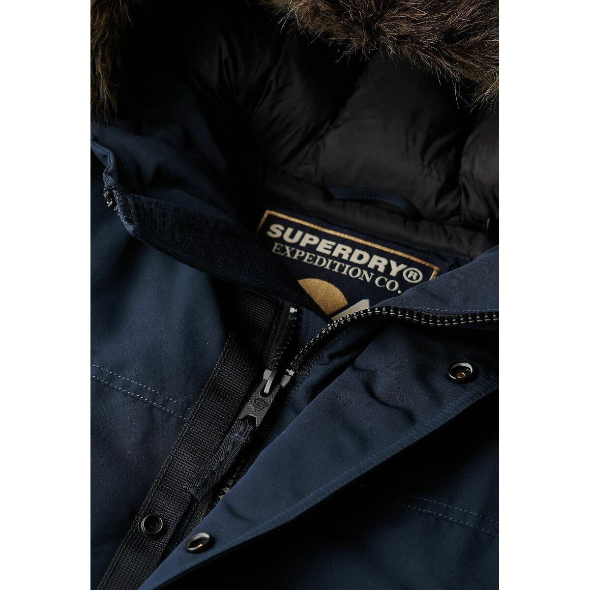 Parka con cappuccio pelliccia sintetica blu marino, SUPERDRY