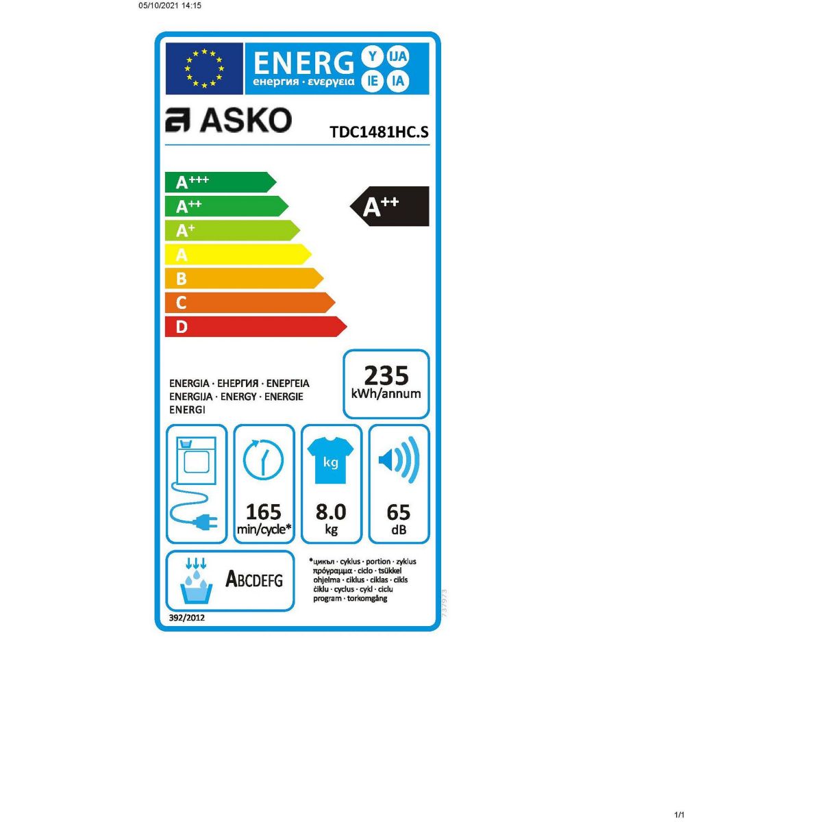 Sèche linge professionnel TDC1481HC.S PRO couleur unique, ASKO