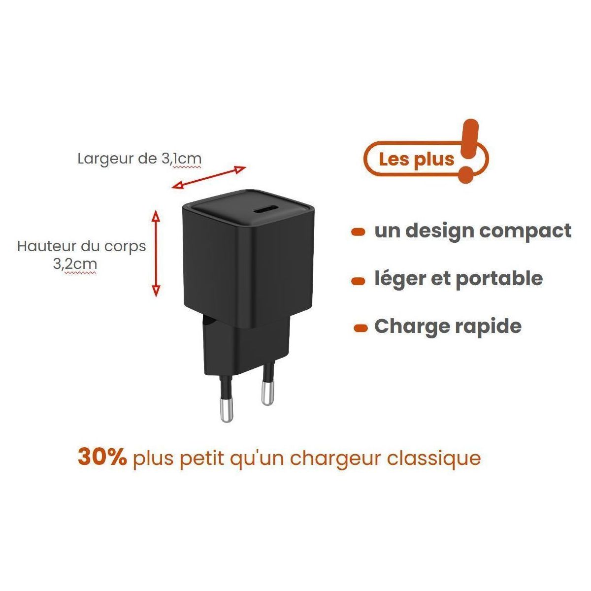 Chargeur 30W GaN + charge rapide USB-C Noir couleur unique, ESSENTIEL B